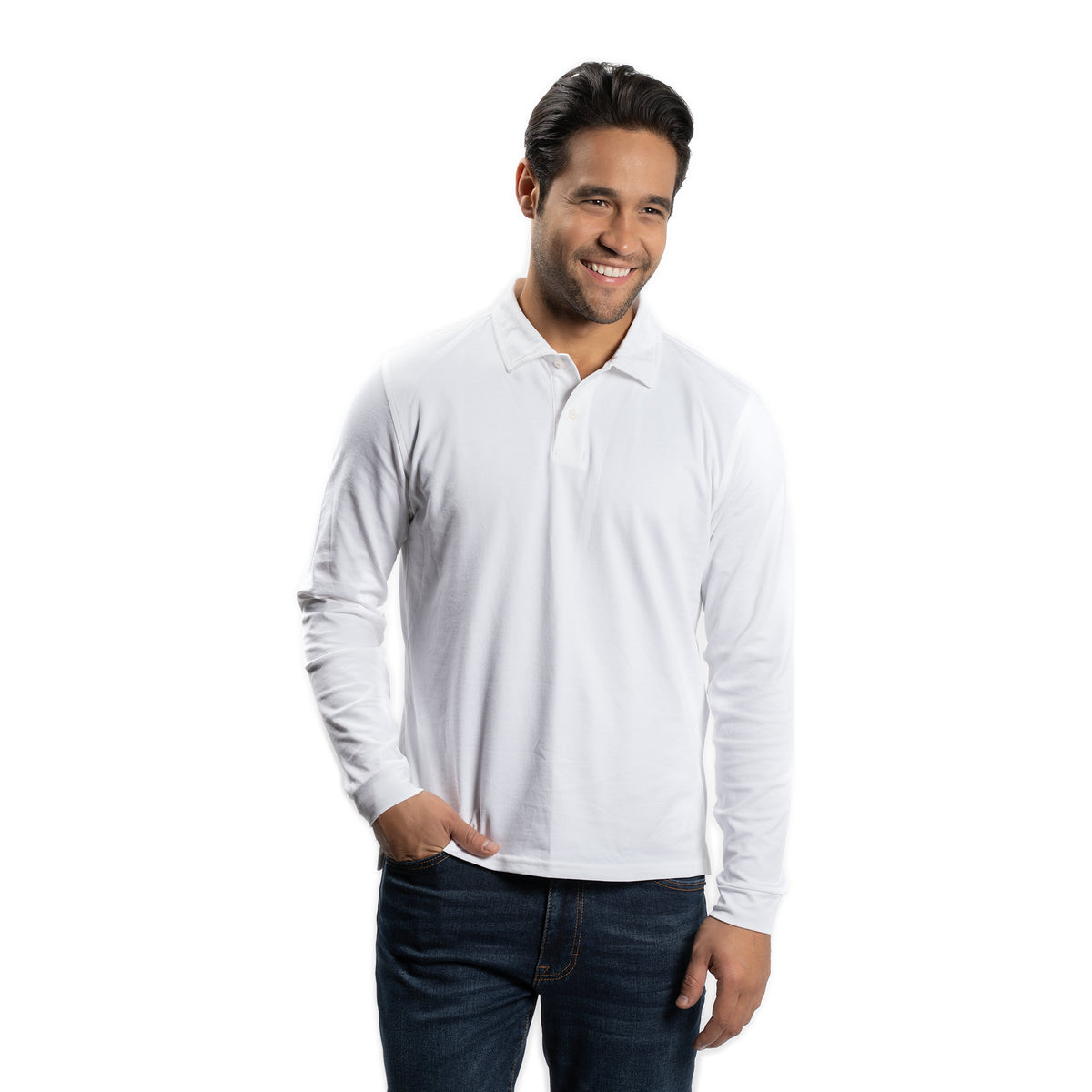 White long sleeve shop polo with bow tie