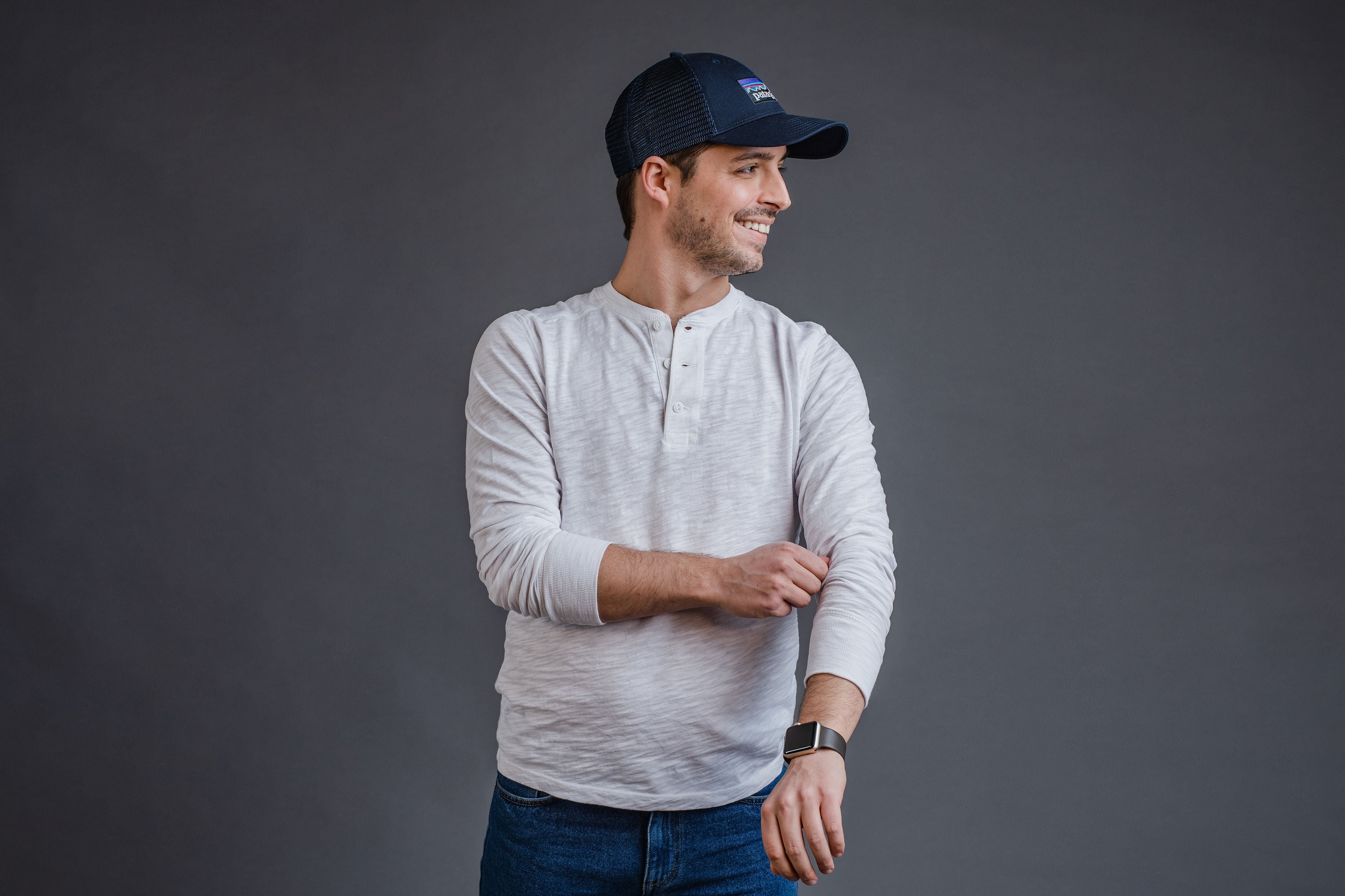 Light Blue Baseball Cap with Grey Pants Warm Weather Outfits For Men (5  ideas & outfits)