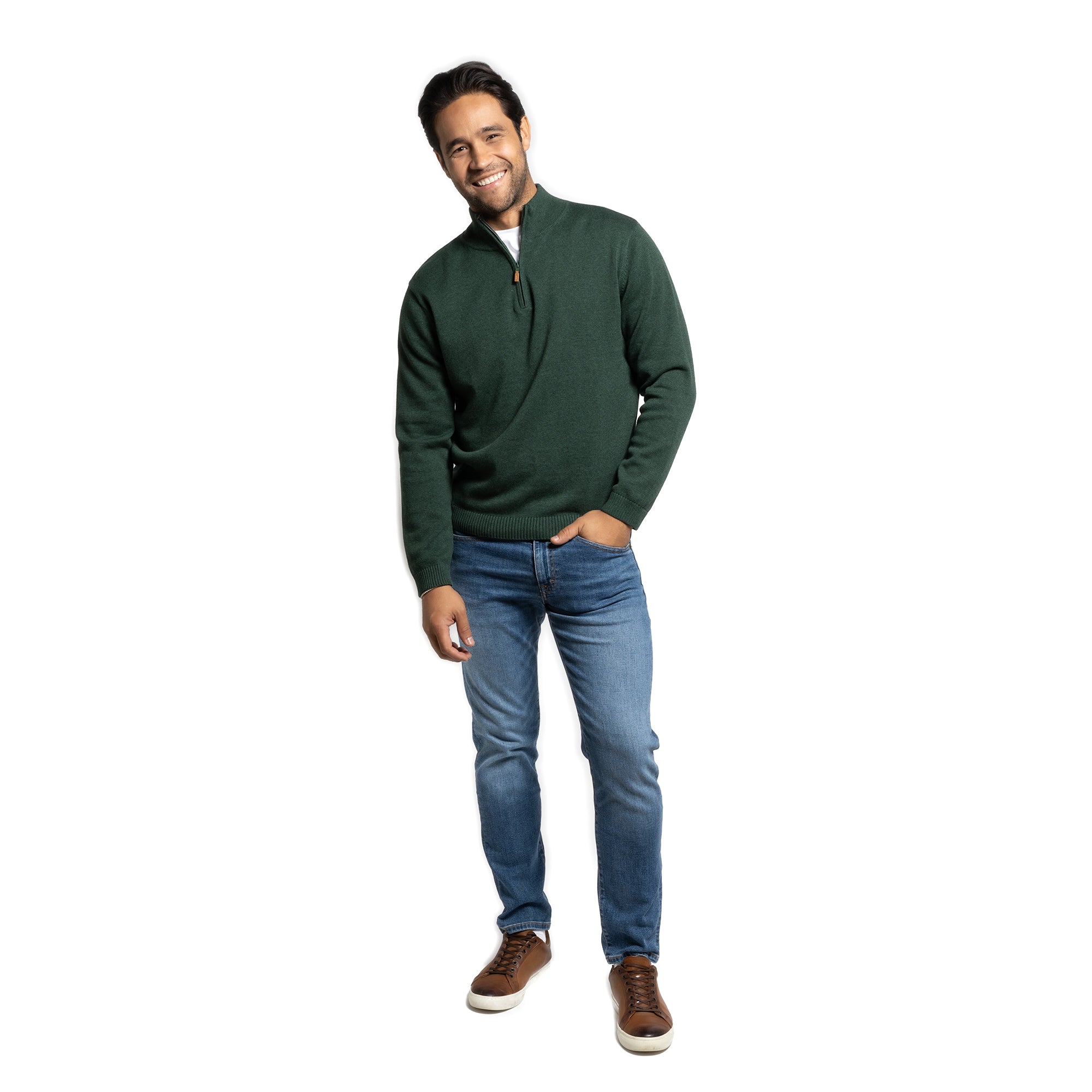 Cotton Quarter Zip Sweaters - Forest Green