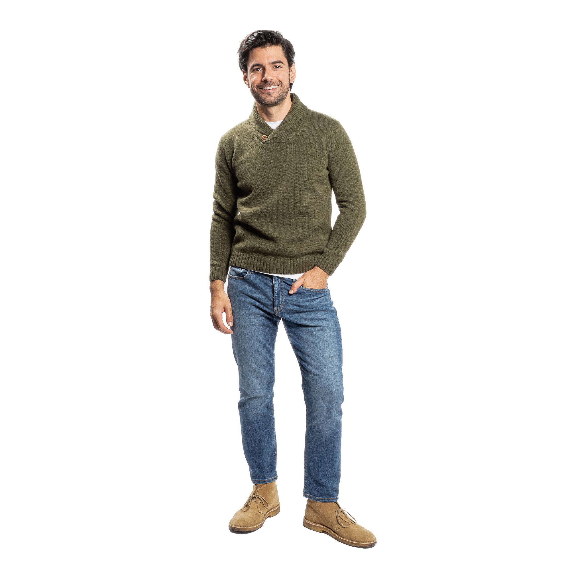 Wool Shawl Collar Sweaters - Olive