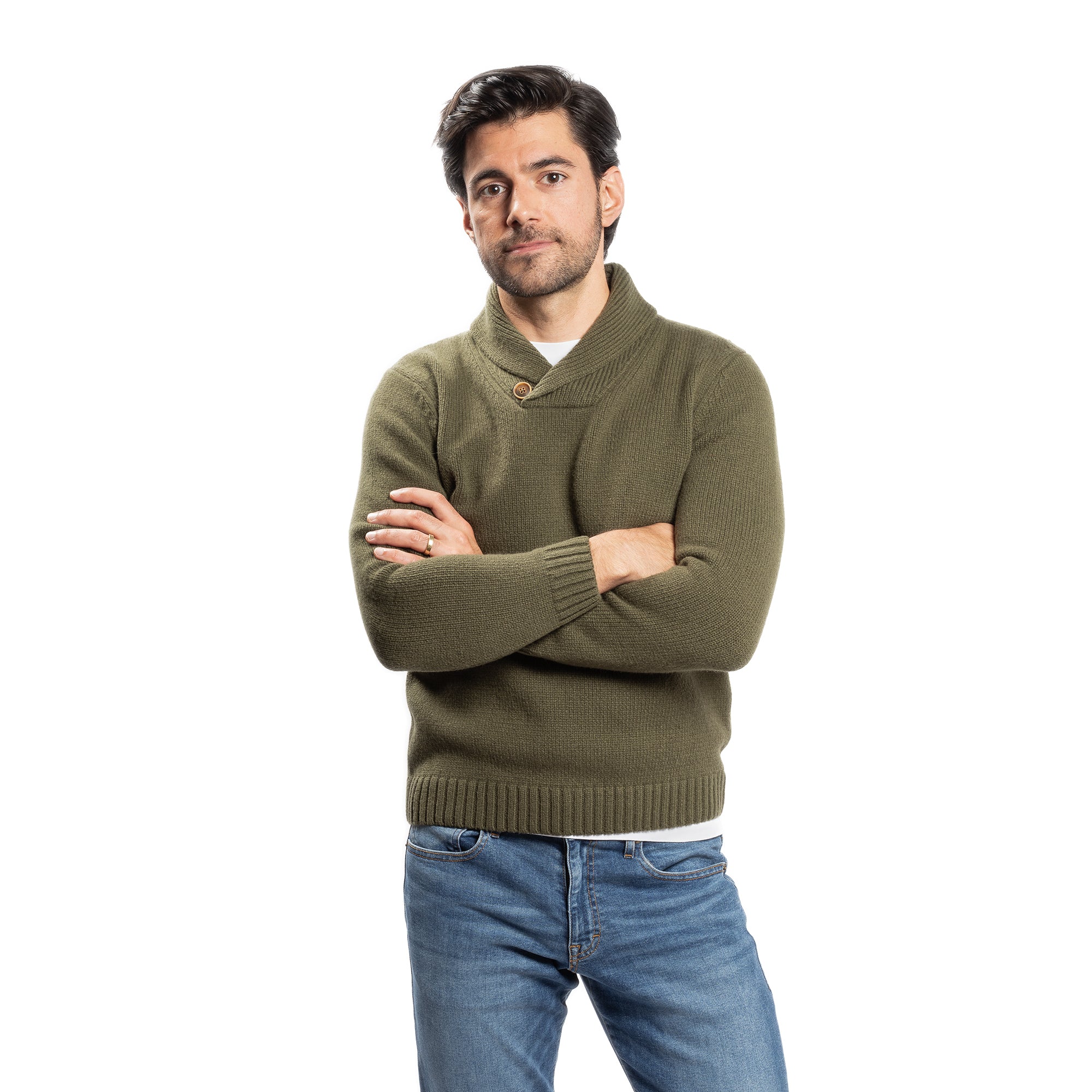 Wool Shawl Collar Sweaters - Olive