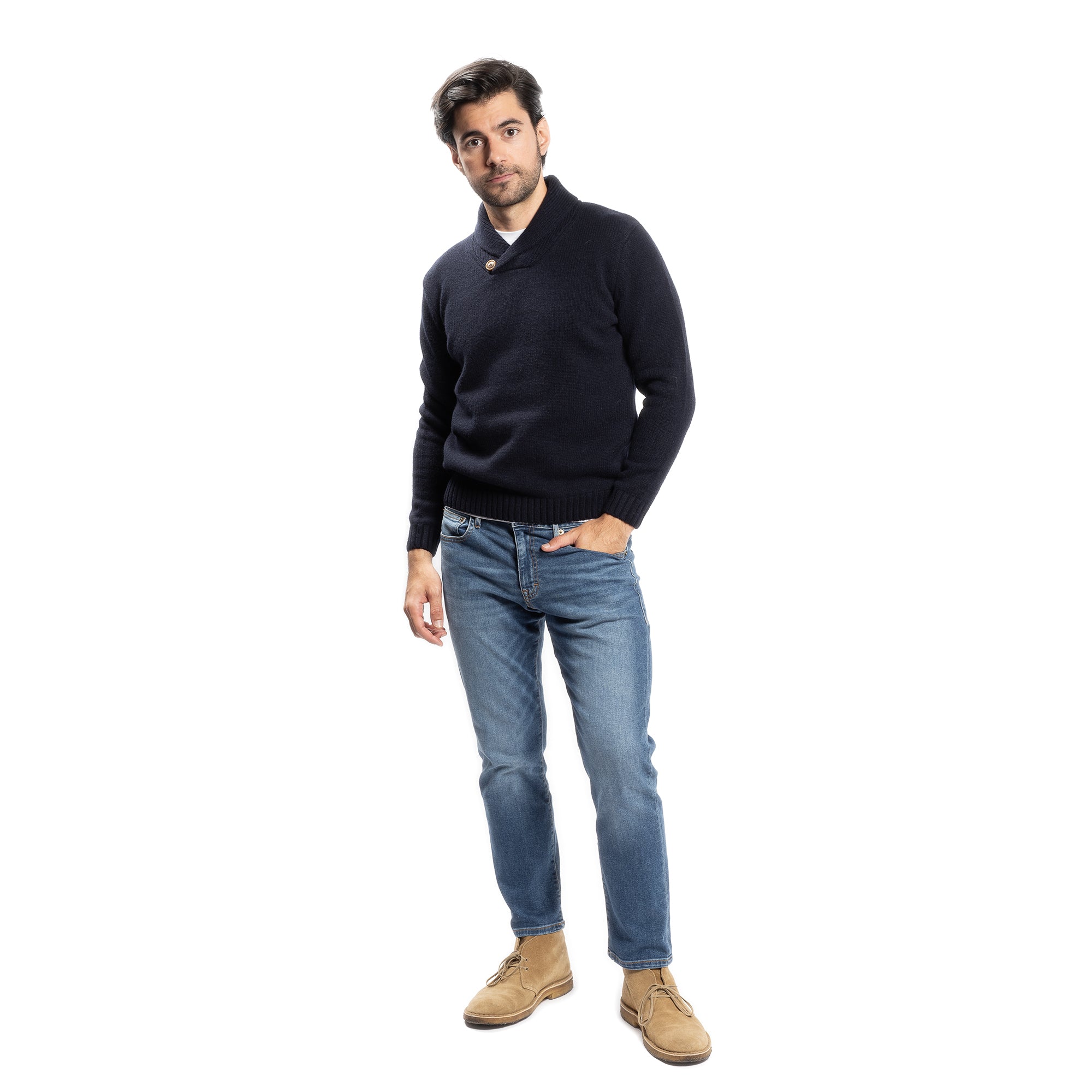 Wool Shawl Collar Sweaters - Navy