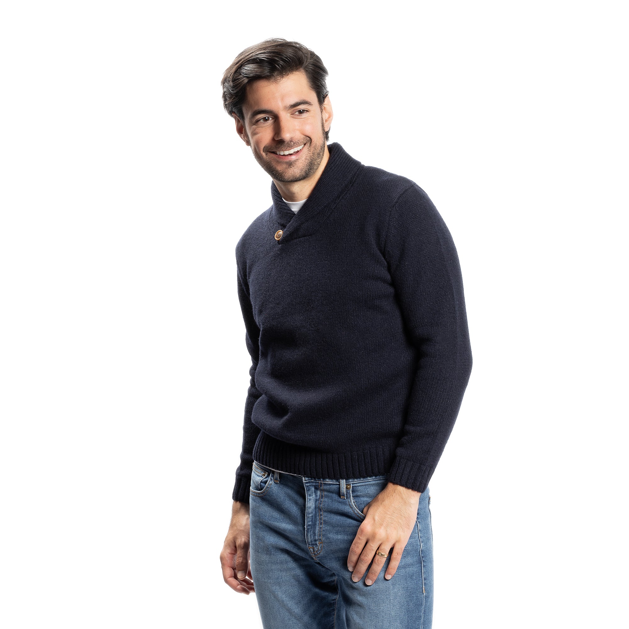 Wool Shawl Collar Sweaters - Navy