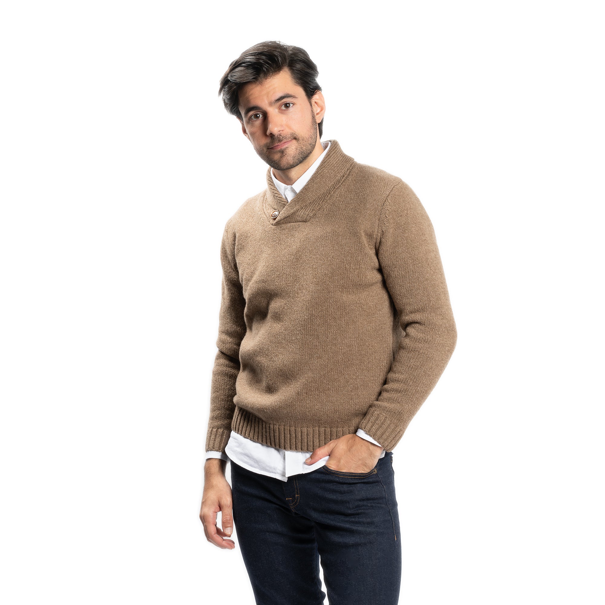 Wool Shawl Collar Sweaters - Brown