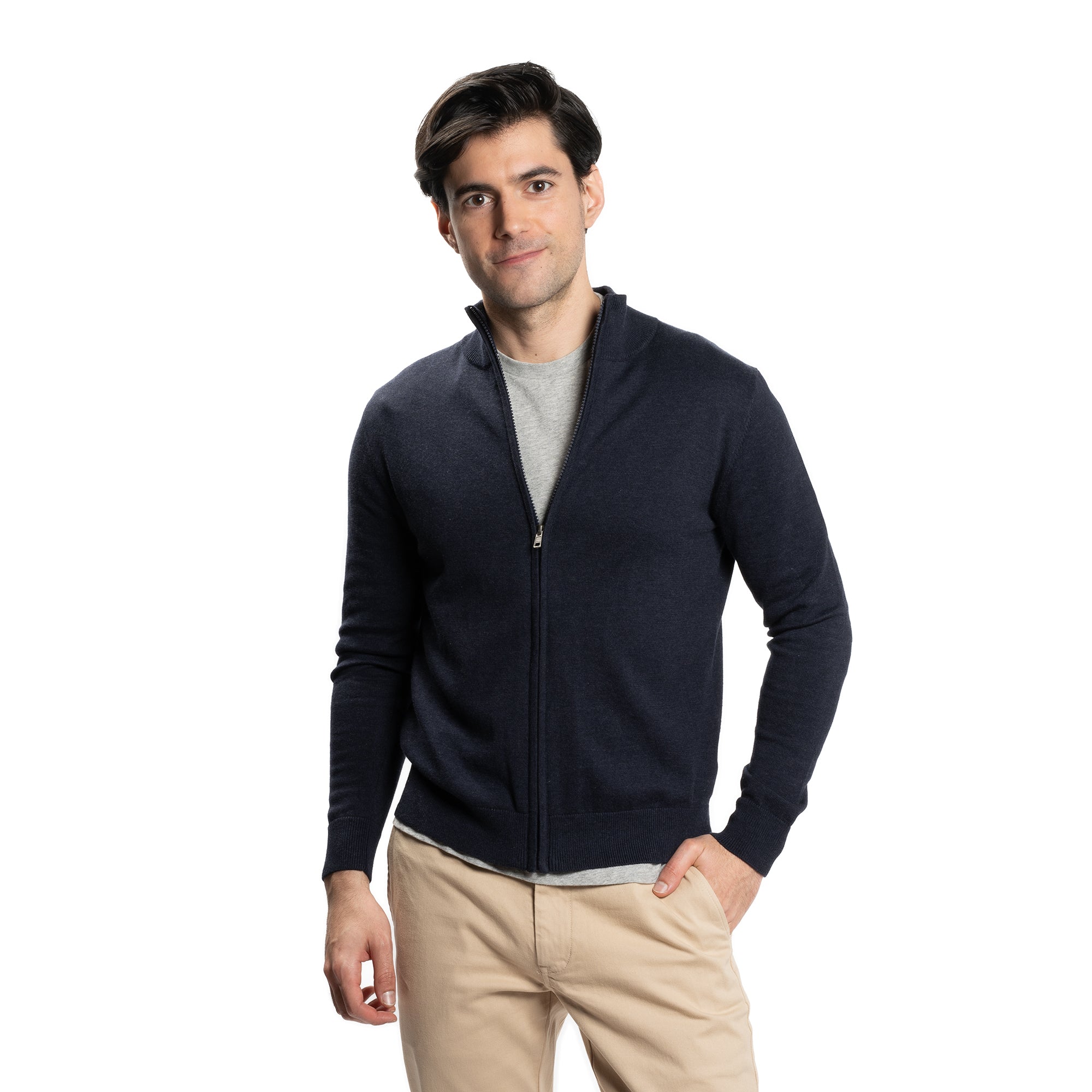 Pima Cotton Zip Sweater - Navy