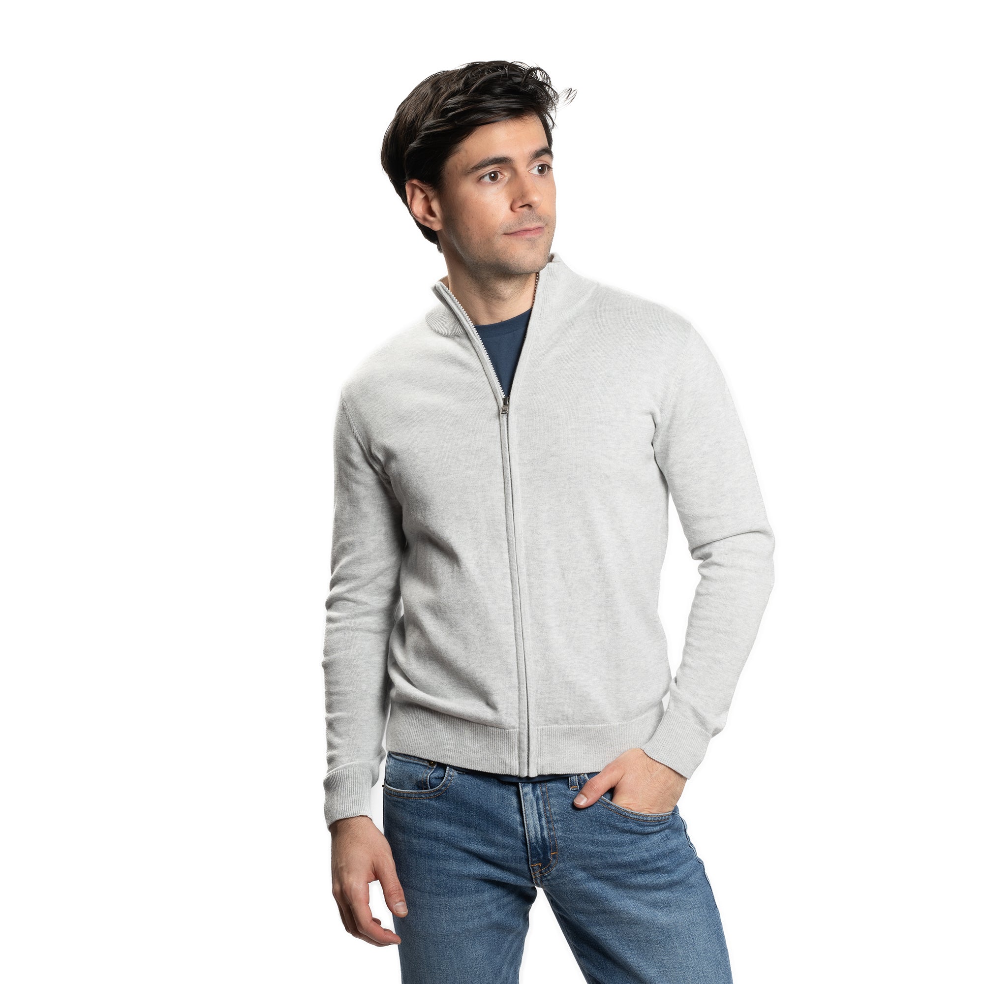 Pima Cotton Zip Sweater - Light Grey