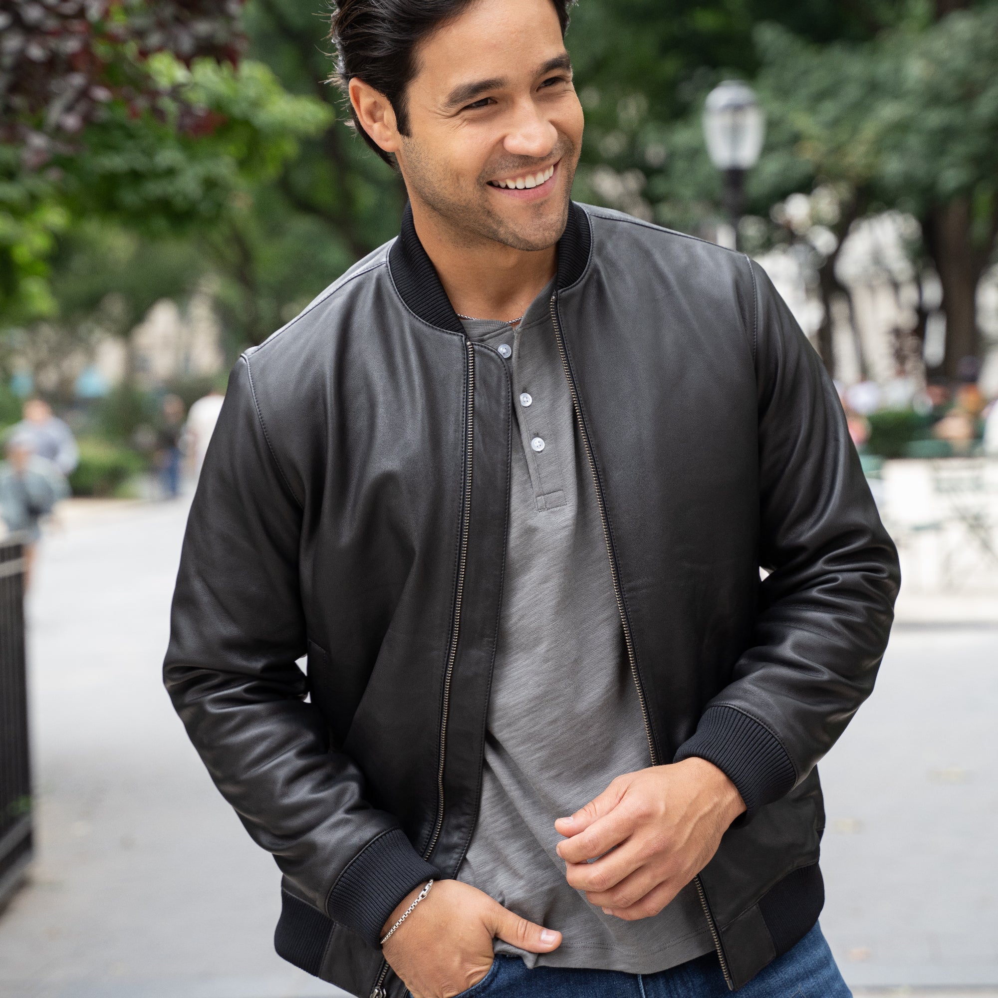 Black outlet Leather Bomber Jacket