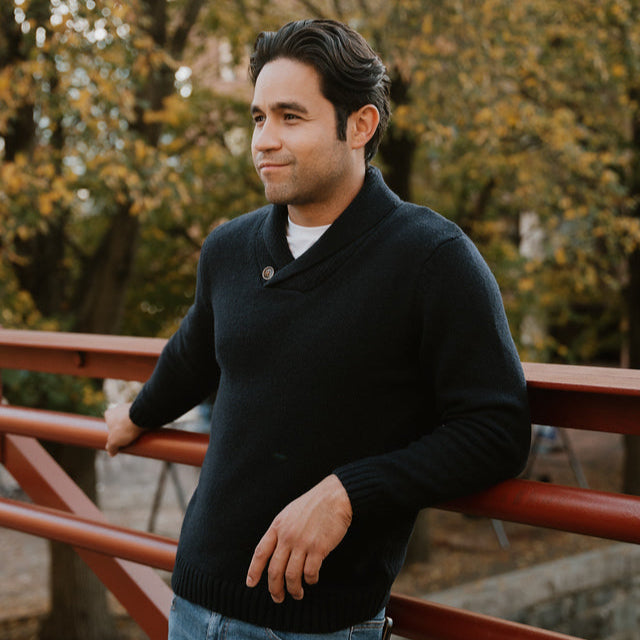 Wool Shawl Collar Sweaters - Navy