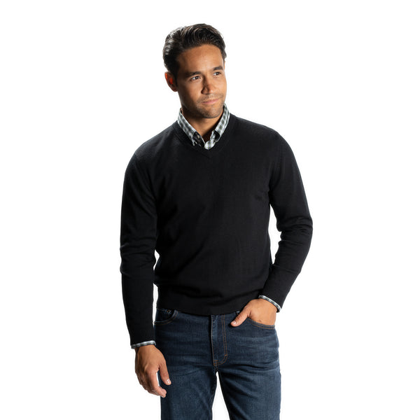 Merino Wool Sweaters V Neck, Black | Peter Manning NYC