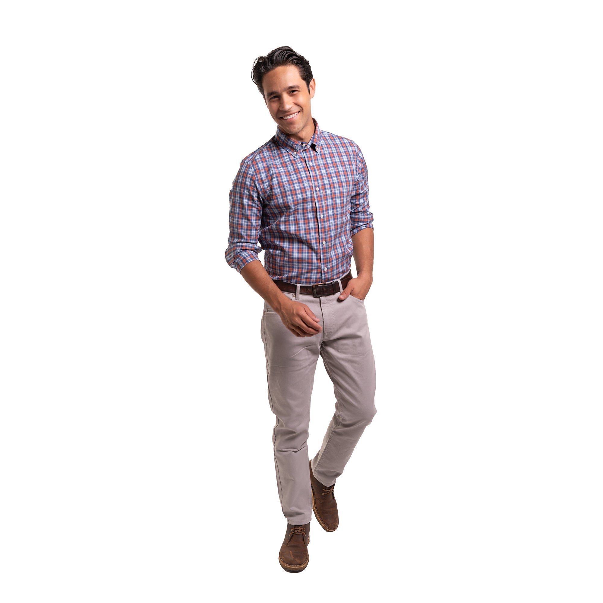 Everyday Stretch Oxford Standard Fit -  Navy Brown Plaid