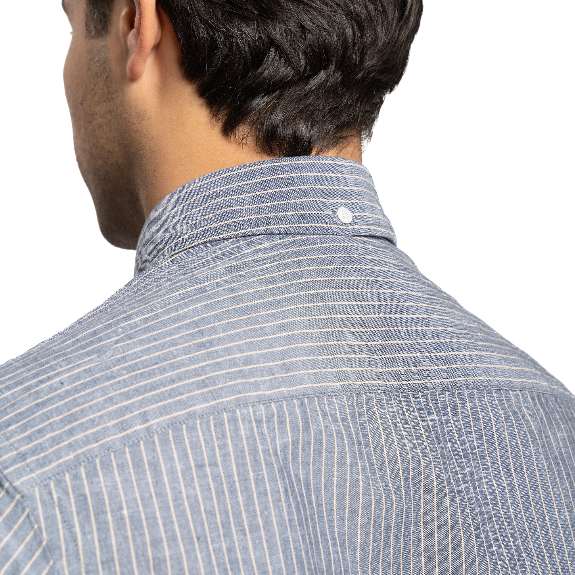 Linen Short Sleever - Navy Khaki Pinstripe