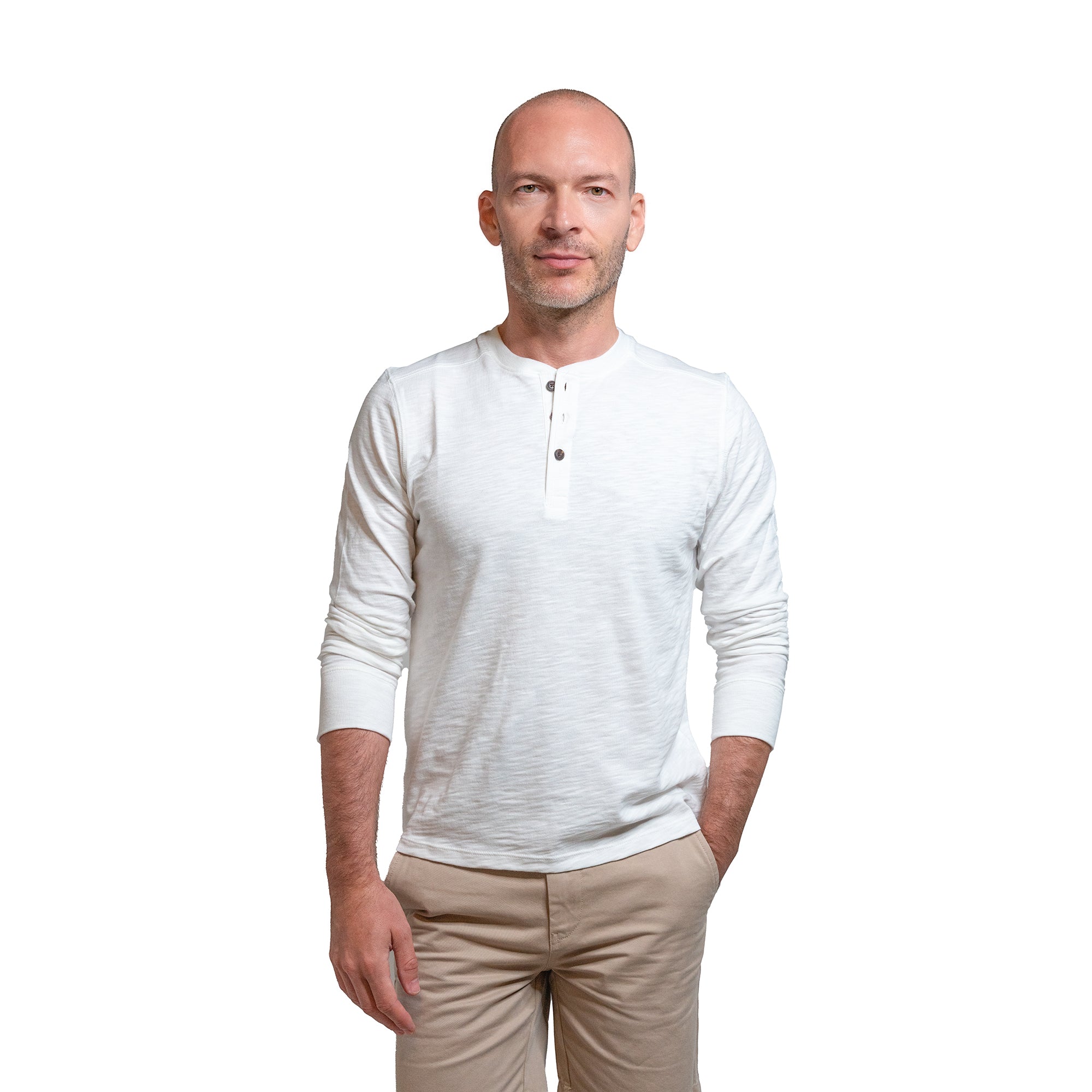 Vintage White Slim Fit Long Sleeve Henley Tee Shirt