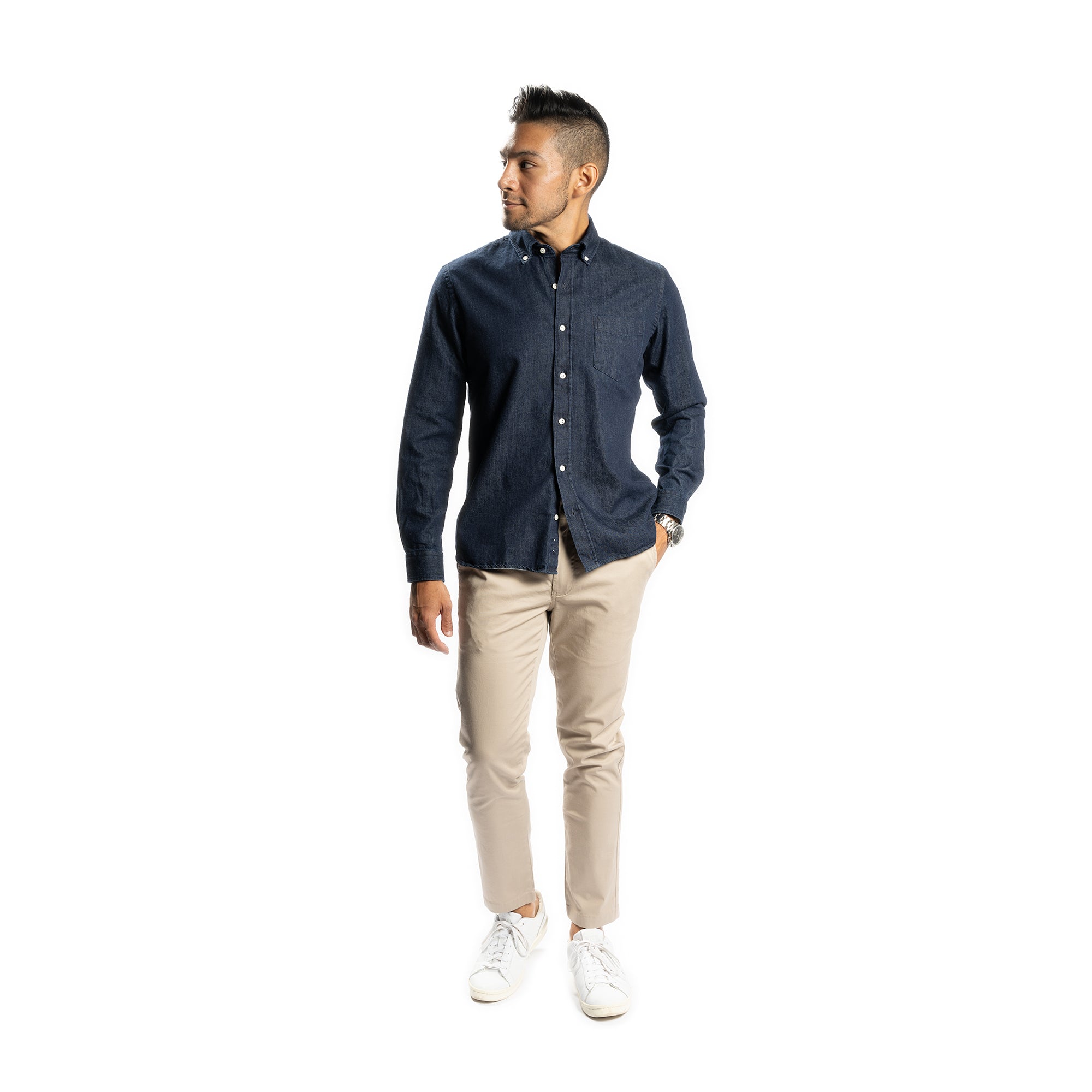 Men's Light Blue Denim Shirt, White Crew-neck T-shirt, Khaki Jeans |  Lookastic